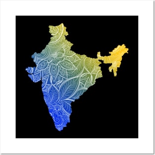 Colorful mandala art map of India with text in blue and yellow Posters and Art